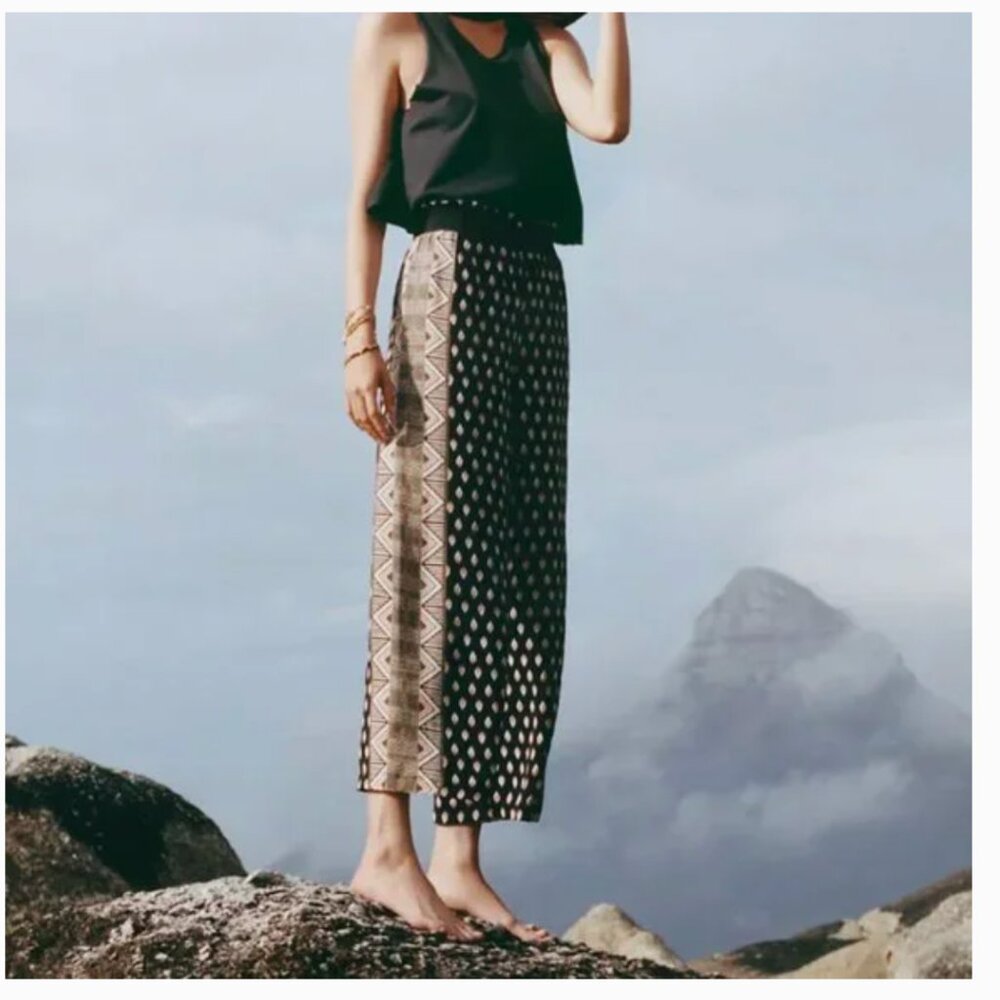 Maeve by Anthropologie Rooibos Black and Cream Tribal Patterned Wide Leg Pants S